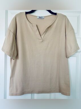 Kikiberry Short Sleeve Ribbed Split-Neck Top - Beige